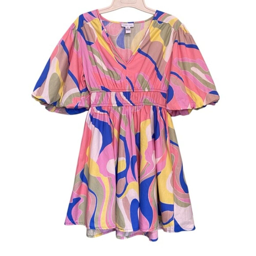Sincerely Jules V-neck Short Sleeve Multicolored Printed Cotton Mini Sundress S